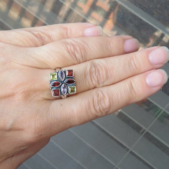 Natural Garnets Amethysts Peridots In Sterling Silver Mosaic Ring. Size 8.25 - Picture 17 of 17